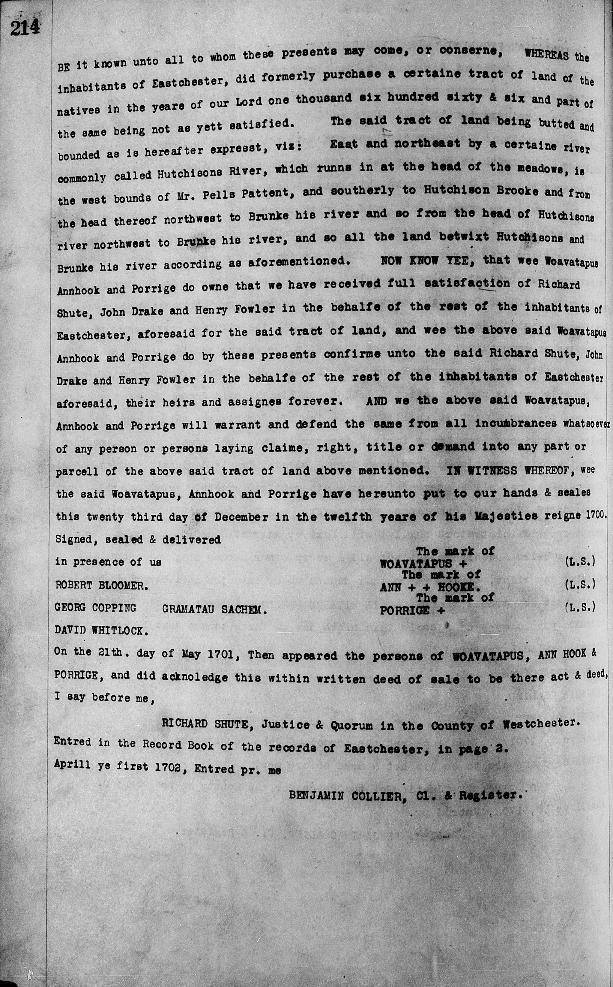 1700 Annhook (or Ann Hooke) transcription of Satisfaction of Debt - Book C p214 Eastchester