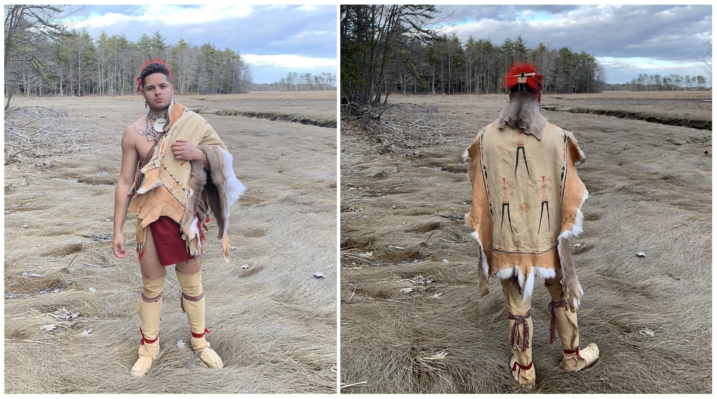 An algonkian of southern New Netherlands in a painted deerskin mantle circa 1638-1650 , modeled by Dylan Smith, Algonkian living historian of the 17th and 18th century